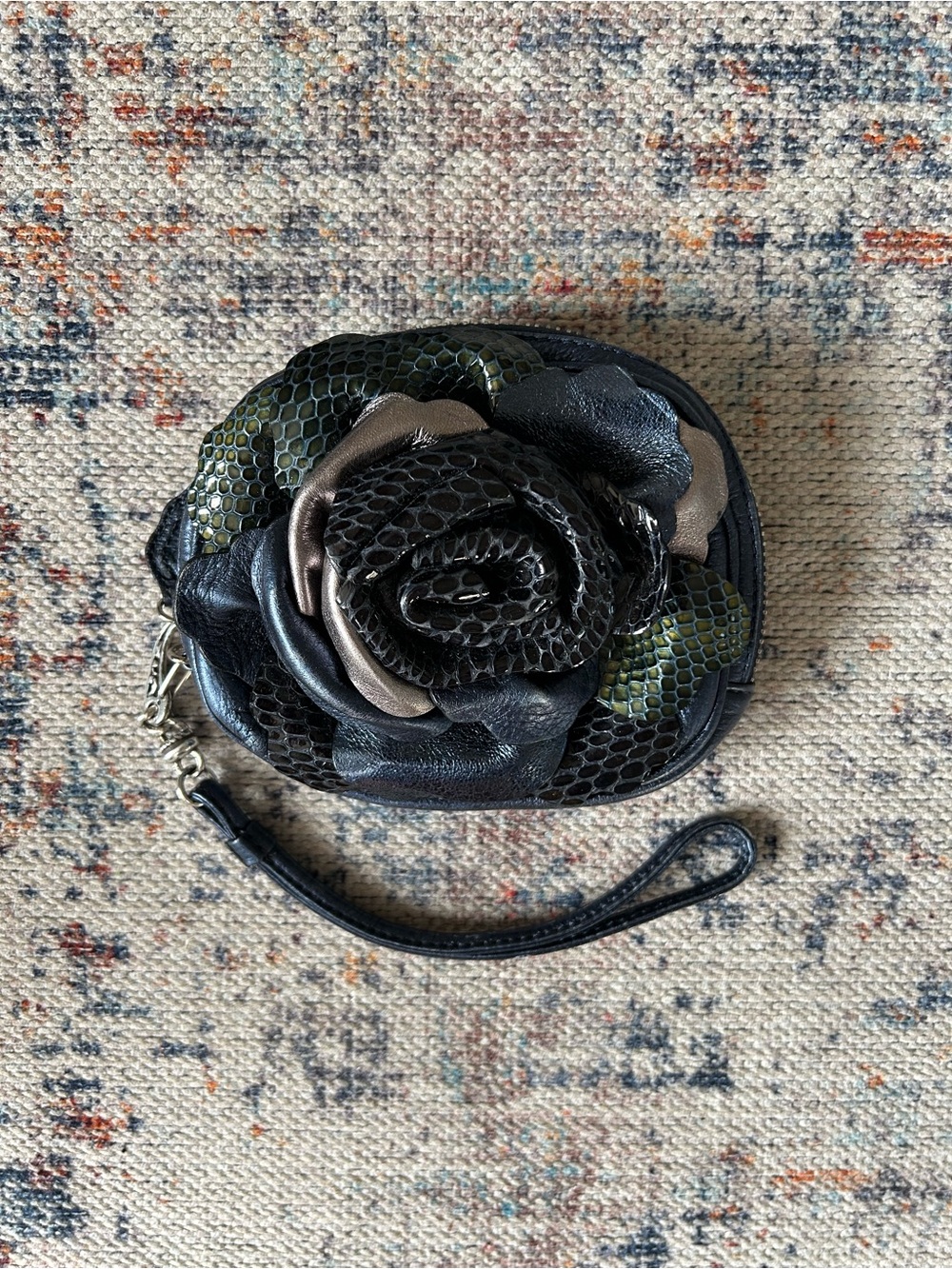 Brighton Black Multi Color Snake Embossed Leather Rose Flower Wristlet